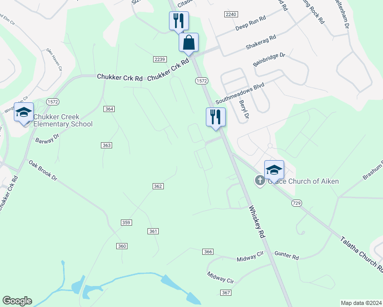 map of restaurants, bars, coffee shops, grocery stores, and more near 308 Norfolk Drive in Aiken