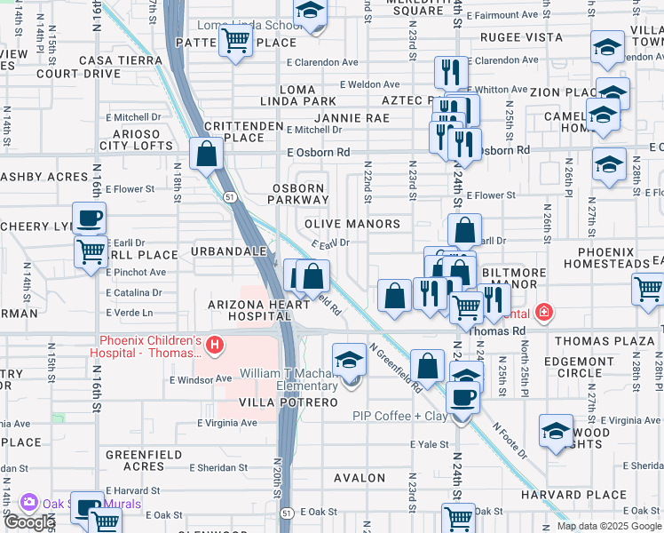 map of restaurants, bars, coffee shops, grocery stores, and more near 3013 North 21st Street in Phoenix