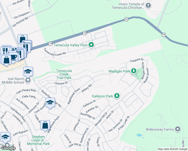 map of restaurants, bars, coffee shops, grocery stores, and more near 44356 Nighthawk Pass in Temecula