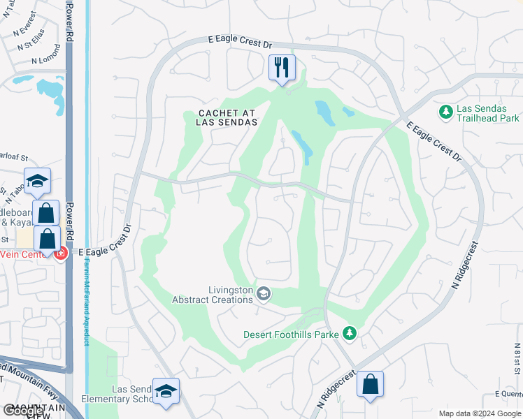 map of restaurants, bars, coffee shops, grocery stores, and more near 3639 North Eagle Canyon in Mesa