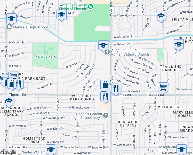 map of restaurants, bars, coffee shops, grocery stores, and more near 5208 W Catalina Dr in Phoenix