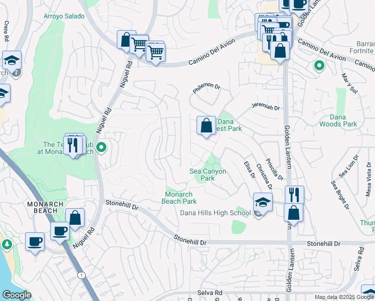 map of restaurants, bars, coffee shops, grocery stores, and more near 33041 Buccaneer Street in Dana Point