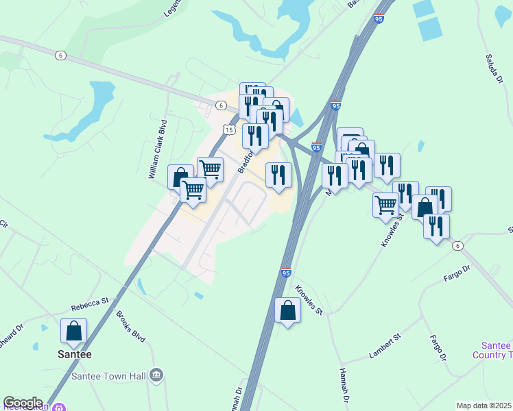 map of restaurants, bars, coffee shops, grocery stores, and more near 27 Andre Michaux Rd in Santee