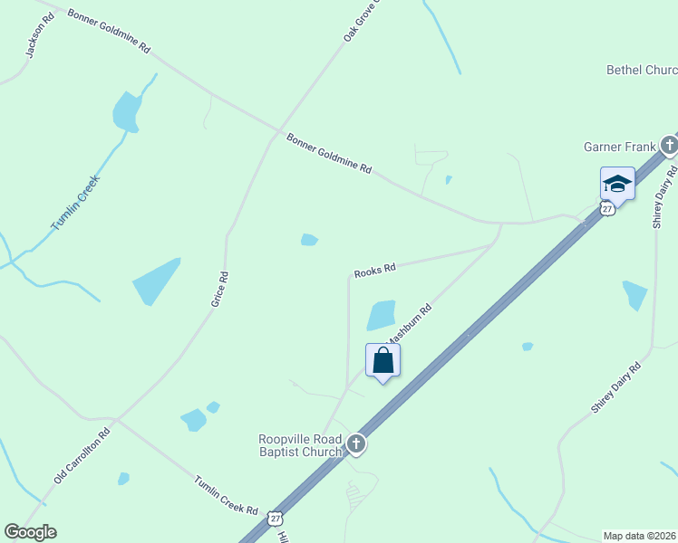 map of restaurants, bars, coffee shops, grocery stores, and more near 155 Rooks Road in Roopville