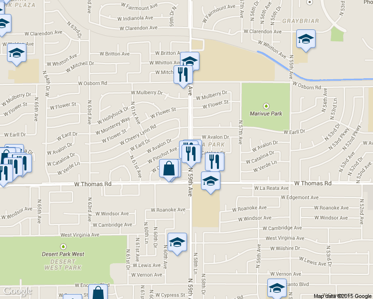 map of restaurants, bars, coffee shops, grocery stores, and more near 3018 North 59th Avenue in Phoenix