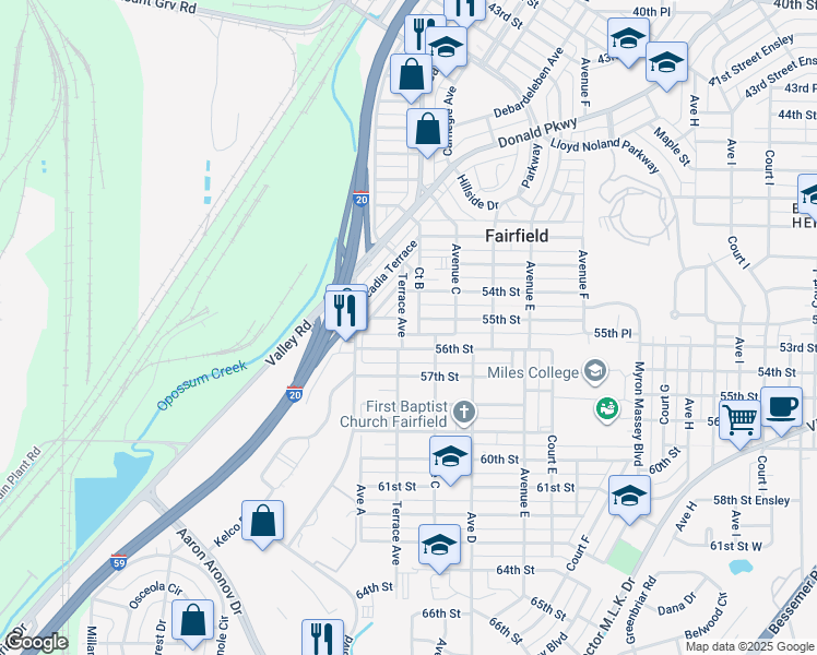 map of restaurants, bars, coffee shops, grocery stores, and more near 5509 Terrace Avenue in Fairfield
