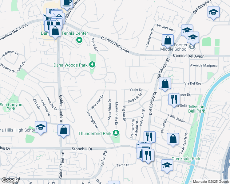 map of restaurants, bars, coffee shops, grocery stores, and more near 33045 Marina Vista Drive in Dana Point