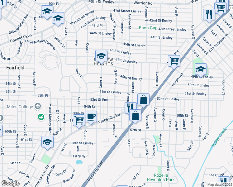 map of restaurants, bars, coffee shops, grocery stores, and more near 1101 51st Street Ensley in Birmingham
