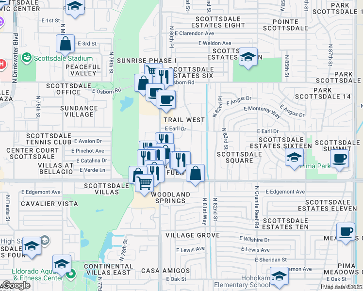 map of restaurants, bars, coffee shops, grocery stores, and more near 8027 East Avalon Drive in Scottsdale