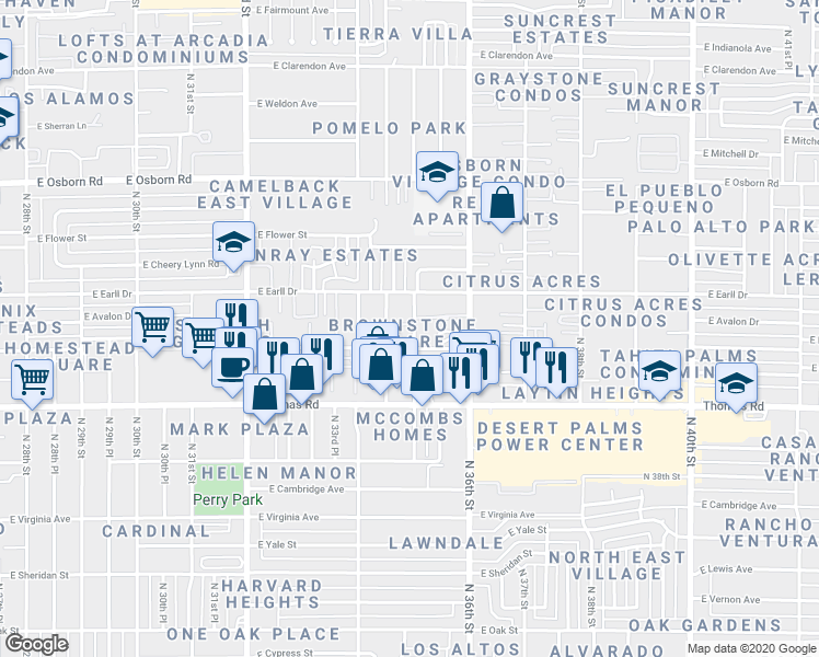 map of restaurants, bars, coffee shops, grocery stores, and more near 3457 East Avalon Drive in Phoenix