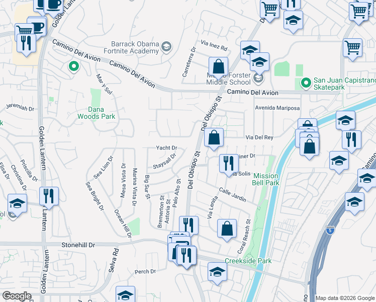 map of restaurants, bars, coffee shops, grocery stores, and more near 33042 Palo Alto Street in Dana Point