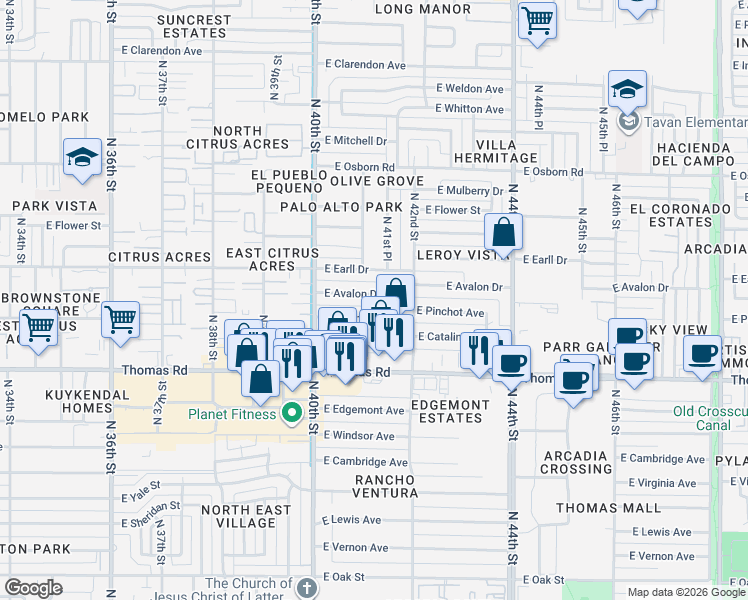 map of restaurants, bars, coffee shops, grocery stores, and more near 4107 East Avalon Drive in Phoenix