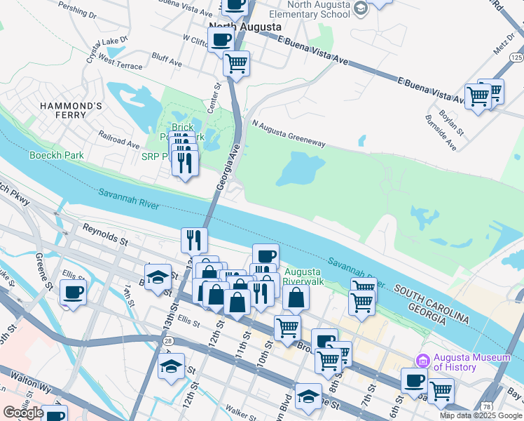 map of restaurants, bars, coffee shops, grocery stores, and more near 188 East Shoreline Drive in North Augusta