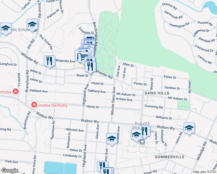 map of restaurants, bars, coffee shops, grocery stores, and more near 2604 Hazel Street in Augusta