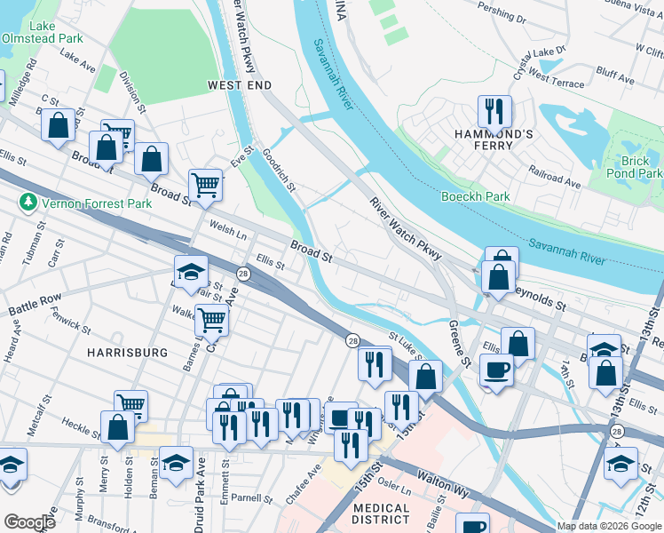 map of restaurants, bars, coffee shops, grocery stores, and more near 1692 Broad Street in Augusta