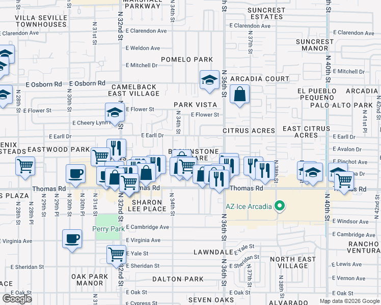 map of restaurants, bars, coffee shops, grocery stores, and more near 3457 East Avalon Drive in Phoenix