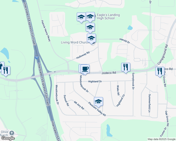 map of restaurants, bars, coffee shops, grocery stores, and more near 3219 Jodeco Road in McDonough