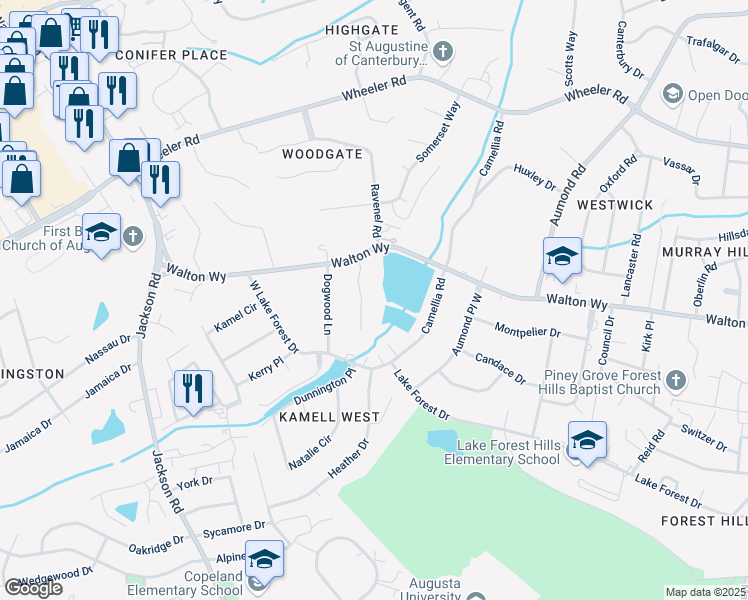 map of restaurants, bars, coffee shops, grocery stores, and more near 808 Quail Court in Augusta