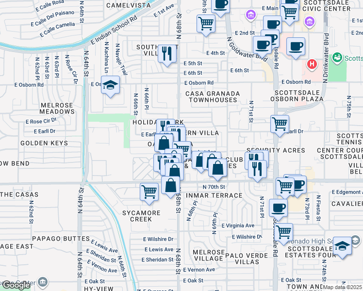 map of restaurants, bars, coffee shops, grocery stores, and more near 6801 East Avalon Drive in Scottsdale
