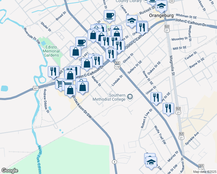 map of restaurants, bars, coffee shops, grocery stores, and more near 578 Riggs Street Southwest in Orangeburg