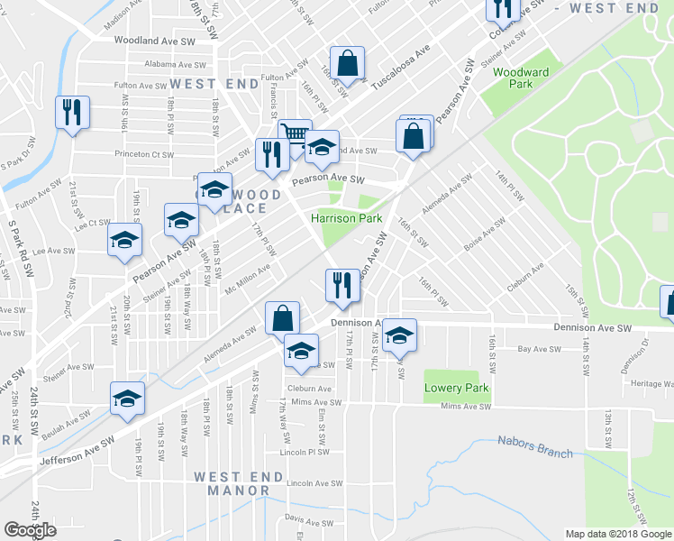 map of restaurants, bars, coffee shops, grocery stores, and more near 1017 17th Street Southwest in Birmingham