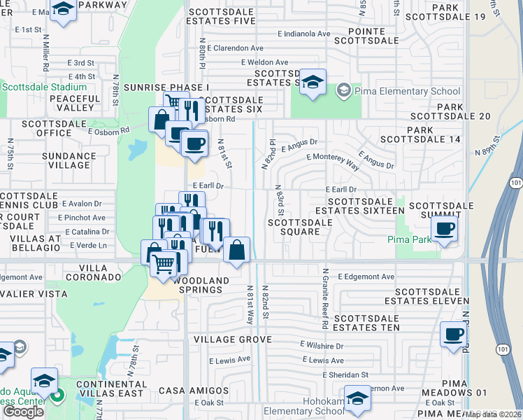 map of restaurants, bars, coffee shops, grocery stores, and more near 3020 North 82nd Street in Scottsdale
