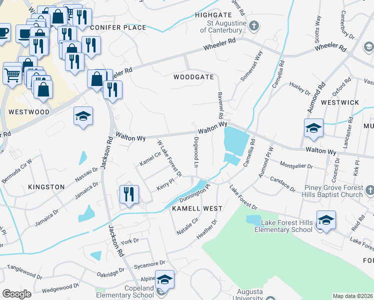map of restaurants, bars, coffee shops, grocery stores, and more near 813 Dogwood Lane in Augusta