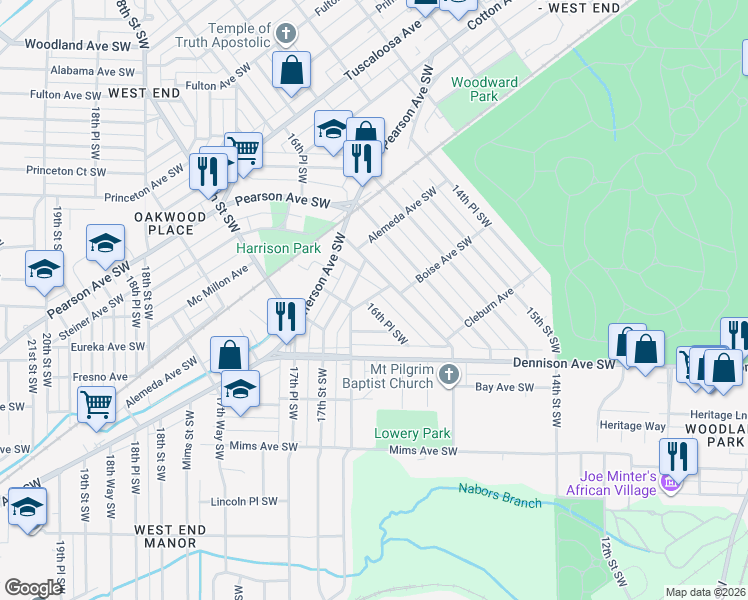 map of restaurants, bars, coffee shops, grocery stores, and more near 1201 16th Place Southwest in Birmingham