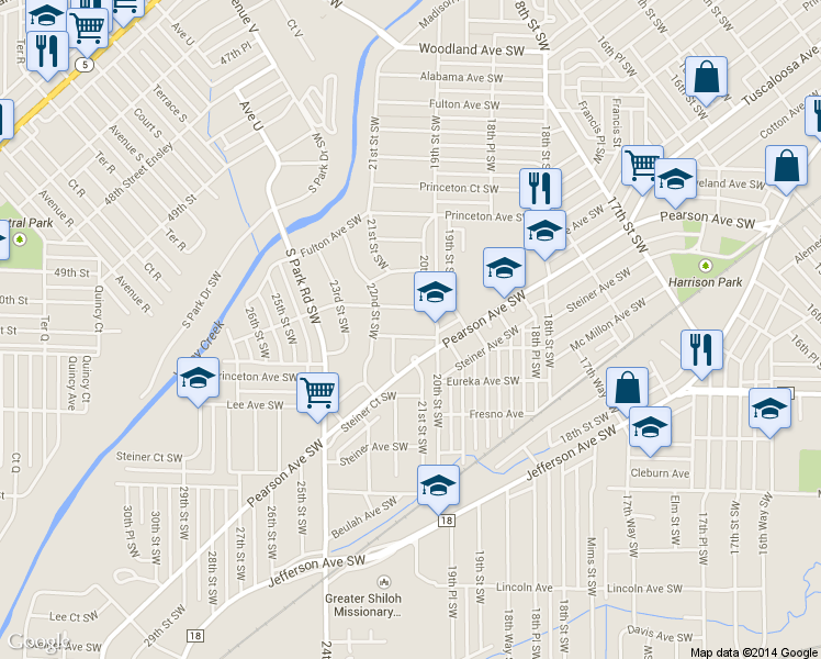map of restaurants, bars, coffee shops, grocery stores, and more near 2016 Pearson Court Southwest in Birmingham