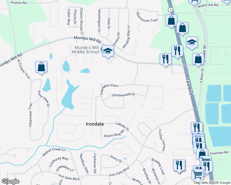 map of restaurants, bars, coffee shops, grocery stores, and more near 1290 Grindenwald Drive in Jonesboro