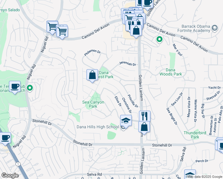map of restaurants, bars, coffee shops, grocery stores, and more near 33058 Elisa Drive in Dana Point