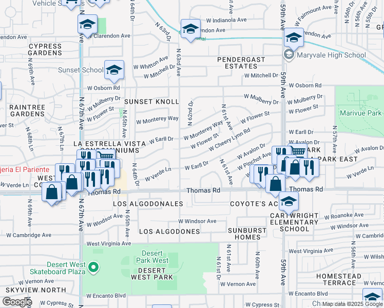 map of restaurants, bars, coffee shops, grocery stores, and more near 6216 West Cheery Lynn Road in Phoenix