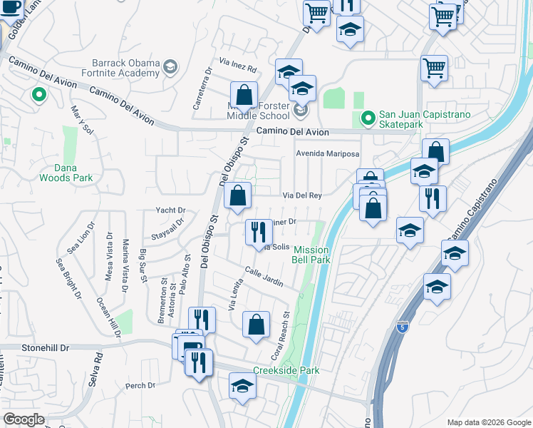 map of restaurants, bars, coffee shops, grocery stores, and more near 33041 Lighthouse Court in San Juan Capistrano