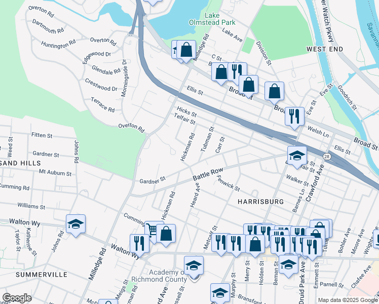 map of restaurants, bars, coffee shops, grocery stores, and more near 546 Hickman Road in Augusta