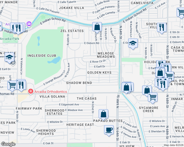 map of restaurants, bars, coffee shops, grocery stores, and more near 6209 East Avalon Drive in Scottsdale