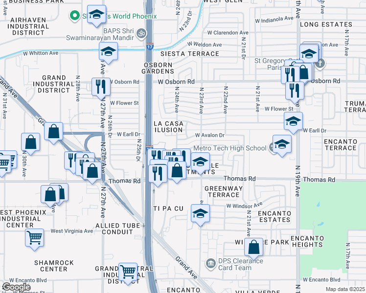 map of restaurants, bars, coffee shops, grocery stores, and more near 2336 West Pinchot Avenue in Phoenix