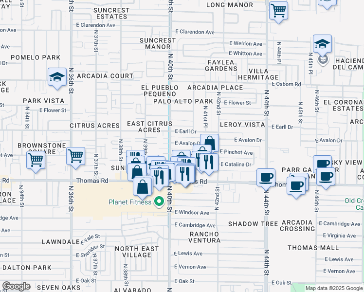 map of restaurants, bars, coffee shops, grocery stores, and more near 4021 East Avalon Drive in Phoenix