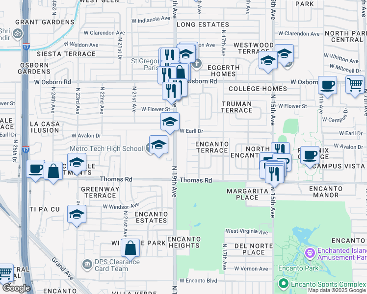 map of restaurants, bars, coffee shops, grocery stores, and more near 2953 North 19th Avenue in Phoenix