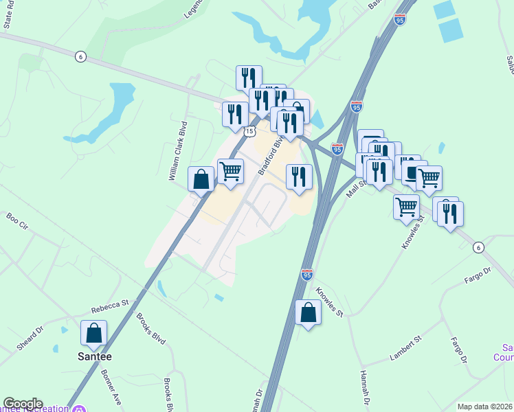 map of restaurants, bars, coffee shops, grocery stores, and more near 1 Andre Michaux Road in Santee