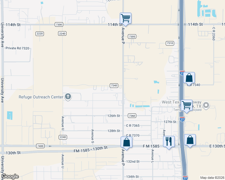 map of restaurants, bars, coffee shops, grocery stores, and more near 1603 County Road 7340 in Lubbock