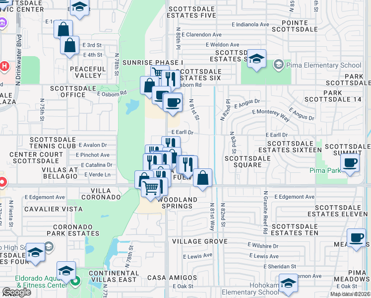 map of restaurants, bars, coffee shops, grocery stores, and more near 3015 Hayden Road in Scottsdale