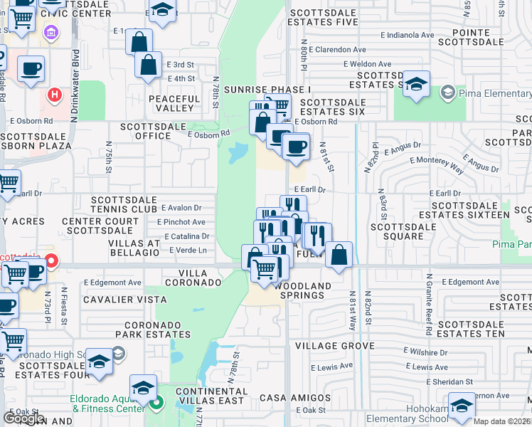 map of restaurants, bars, coffee shops, grocery stores, and more near 3030 North Hayden Road in Scottsdale
