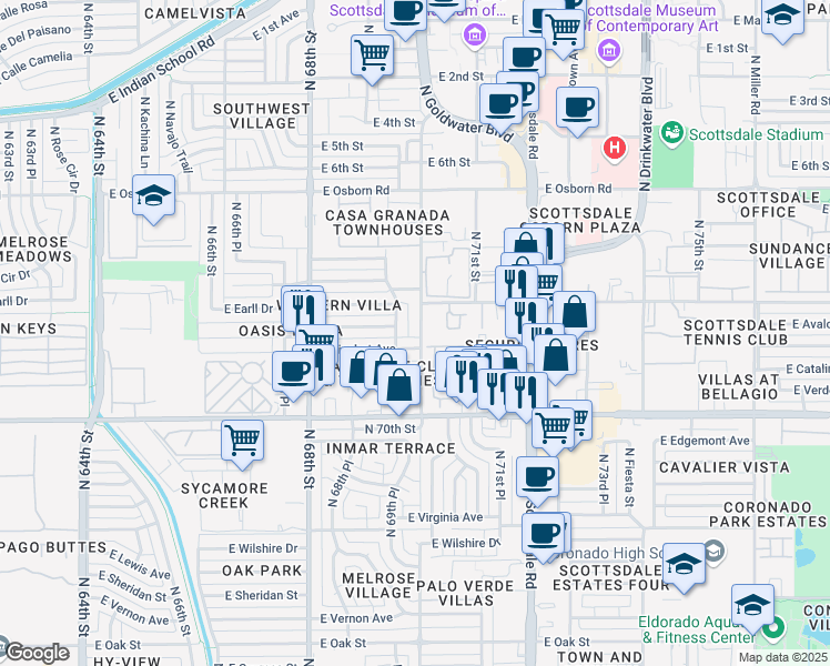 map of restaurants, bars, coffee shops, grocery stores, and more near 3031 North 70th Street in Scottsdale