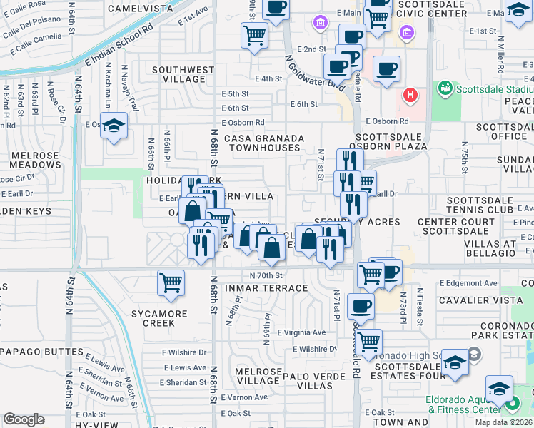 map of restaurants, bars, coffee shops, grocery stores, and more near 6925 East Avalon Drive in Scottsdale