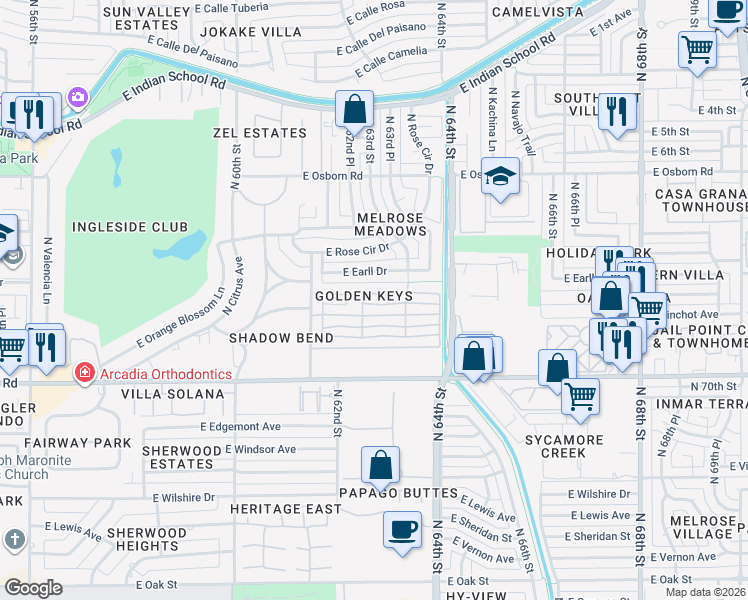 map of restaurants, bars, coffee shops, grocery stores, and more near 6251 East Avalon Drive in Scottsdale