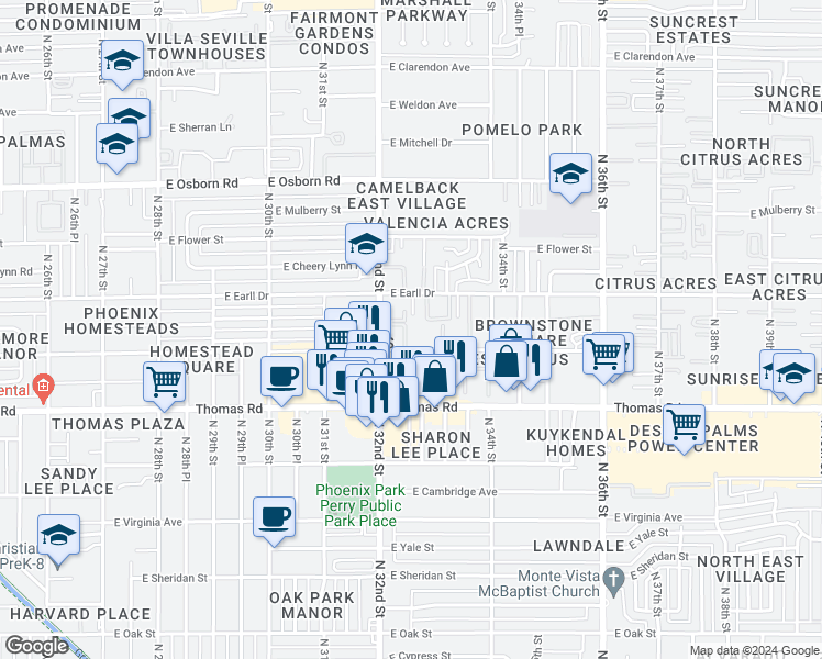 map of restaurants, bars, coffee shops, grocery stores, and more near 2320 East Pinchot Avenue in Phoenix
