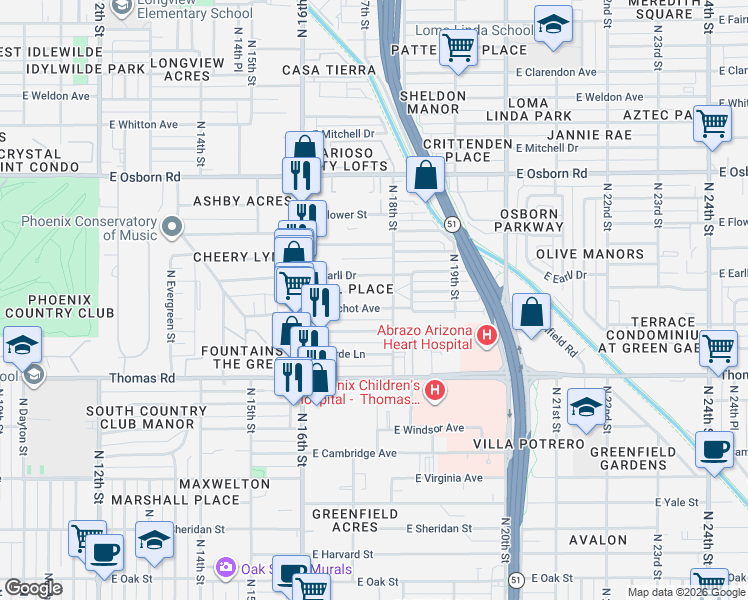 map of restaurants, bars, coffee shops, grocery stores, and more near 1742 East Pinchot Avenue in Phoenix