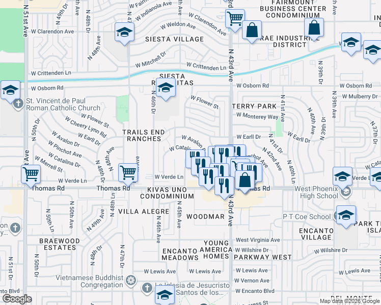 map of restaurants, bars, coffee shops, grocery stores, and more near 4427 West Catalina Drive in Phoenix