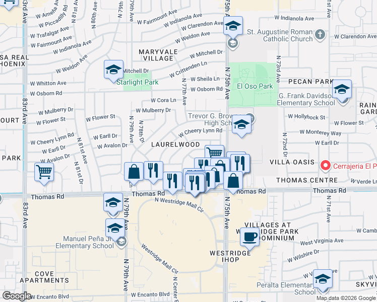 map of restaurants, bars, coffee shops, grocery stores, and more near 7630 West Avalon Drive in Phoenix