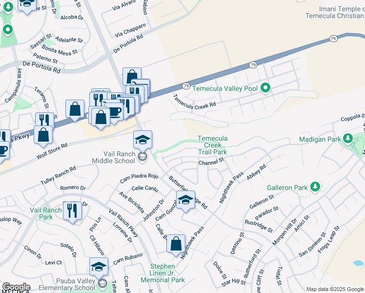 map of restaurants, bars, coffee shops, grocery stores, and more near 33512 Winston Way in Temecula